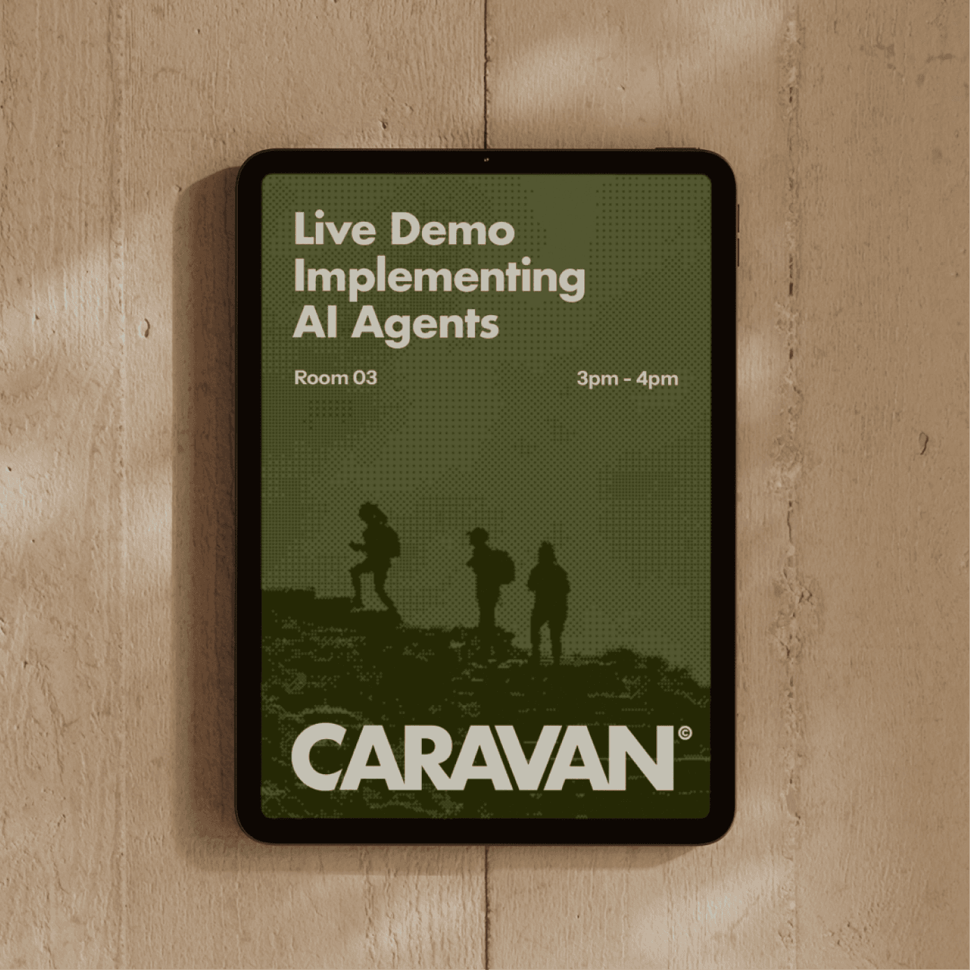 Caravan room signage on a tablet: Live Demo, Implementing AI Agents, Room 03